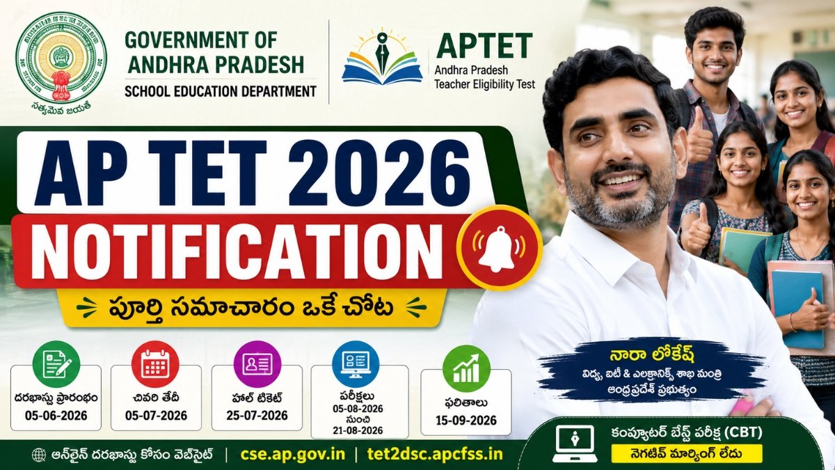 AP TET 2026 Notification poster featuring Nara Lokesh, Andhra Pradesh Government logo, students, exam dates, hall ticket download schedule, and results announcement details.