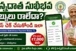 Annadata Sukhibhava Payment Status చెక్ చేస్తున్న రైతు, మొబైల్‌లో పేమెంట్ స్టేటస్, DBT వివరాలు మరియు బ్యాంక్ క్రెడిట్ సమాచారం చూస్తున్న దృశ్యం.