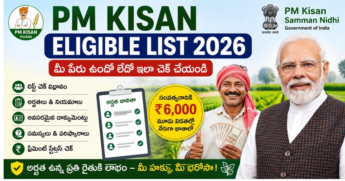 PM Kisan Eligible List 2026లో మీ పేరు ఉందో లేదో చెక్ చేసే విధానం, అర్హతలు మరియు ₹6000 ప్రయోజనాల వివరాలు