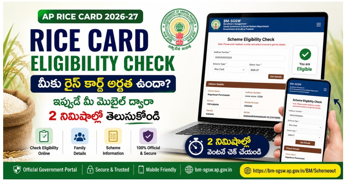 Rice Card Eligibility Check 2026 - AP BM SGSW Portal ద్వారా మొబైల్‌లో అర్హత ఎలా చెక్ చేయాలి