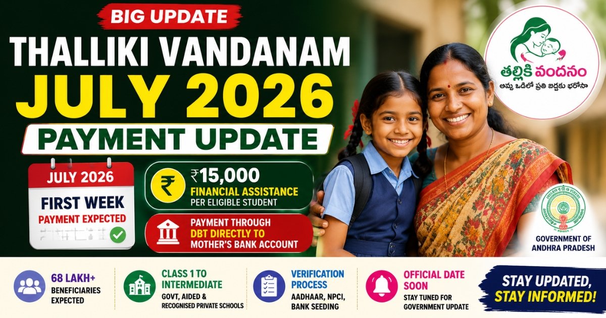 Thalliki Vandanam July 2026 Payment Update with expected first week payment release, beneficiary details and DBT transfer information.
