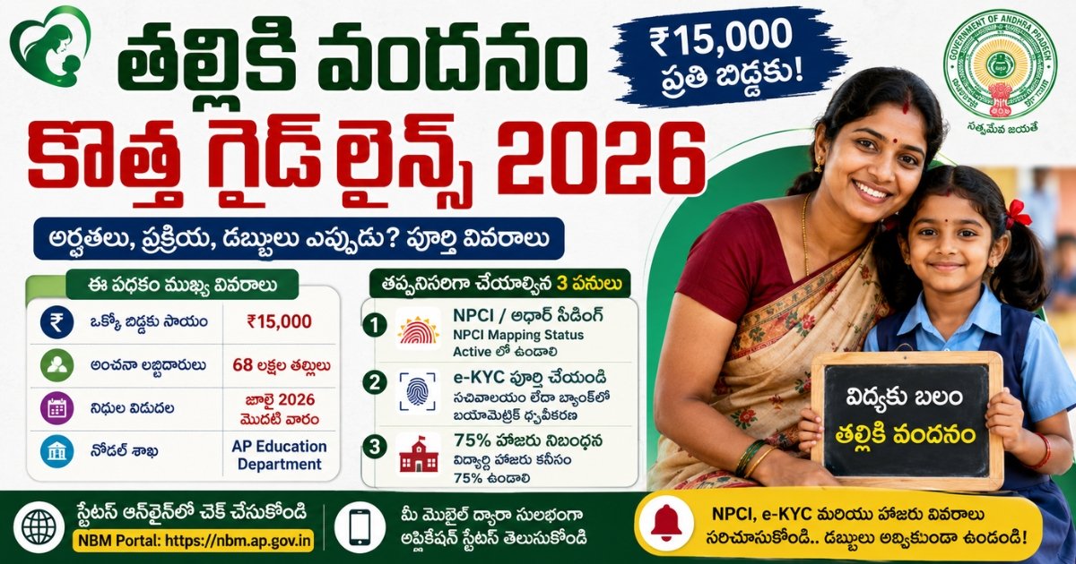 తల్లికి వందనం కొత్త గైడ్లైన్స్ 2026 పోస్టర్ – ₹15,000 ఆర్థిక సాయం, NPCI, e-KYC, 75% హాజరు మరియు స్టేటస్ చెక్ వివరాలు