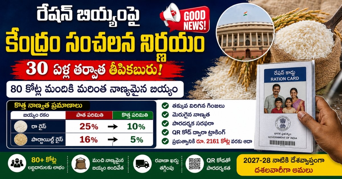 రేషన్ బియ్యంపై కేంద్ర ప్రభుత్వం తీసుకున్న కొత్త నిర్ణయాన్ని చూపిస్తున్న ఇన్ఫోగ్రాఫిక్. రా రైస్‌లో బ్రోకెన్ గ్రెయిన్స్ 25% నుంచి 10%కు, పార్బాయిల్డ్ రైస్‌లో 16% నుంచి 5%కు తగ్గించిన నాణ్యత ప్రమాణాలు, 80 కోట్ల లబ్ధిదారులకు ప్రయోజనాలు మరియు 2027–28 నుంచి దశలవారీ అమలు వివరాలు.